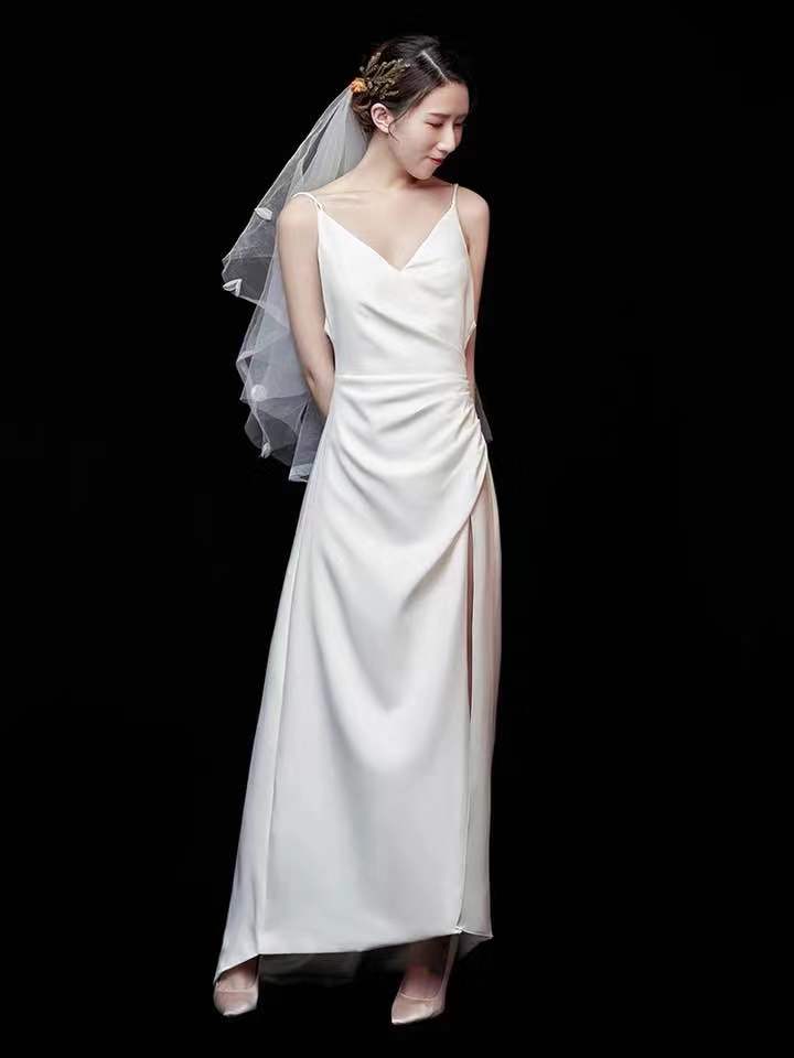 White Wedding Dress V Neck Wedding Dress Backless Wedding Dress Satin Long Wedding Dress