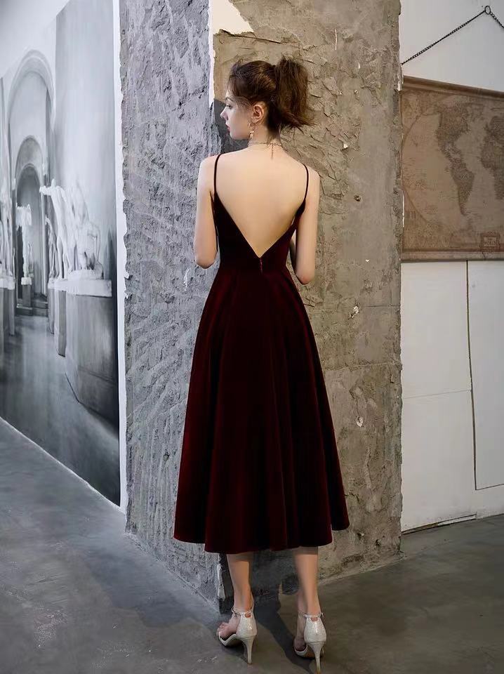 Wine Red Party Dress Spaghetti Straps Evening Dress Backless Prom Dress