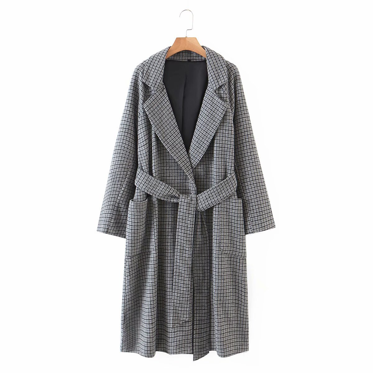 Autumn grey plaid beltless long wool coat