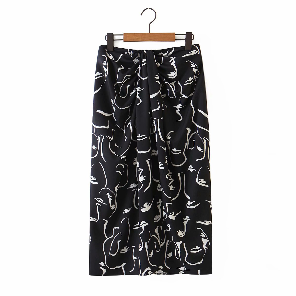 Early autumn bow front slit high-waisted printed skirt
