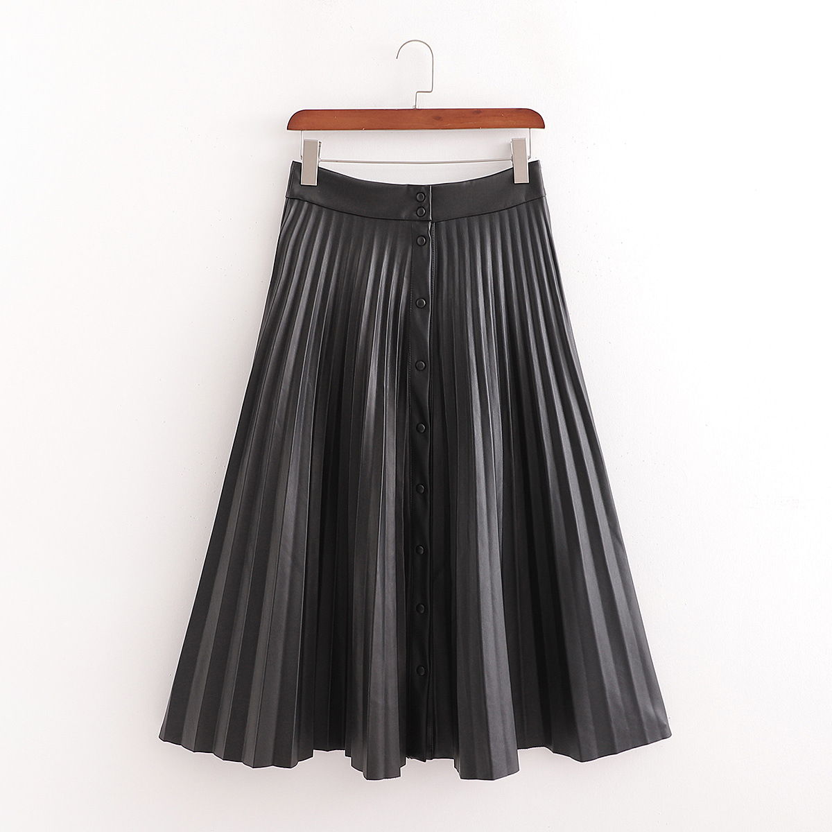 Mid - length leather pleated skirt with clasp in autumn 2020 PU leather skirt