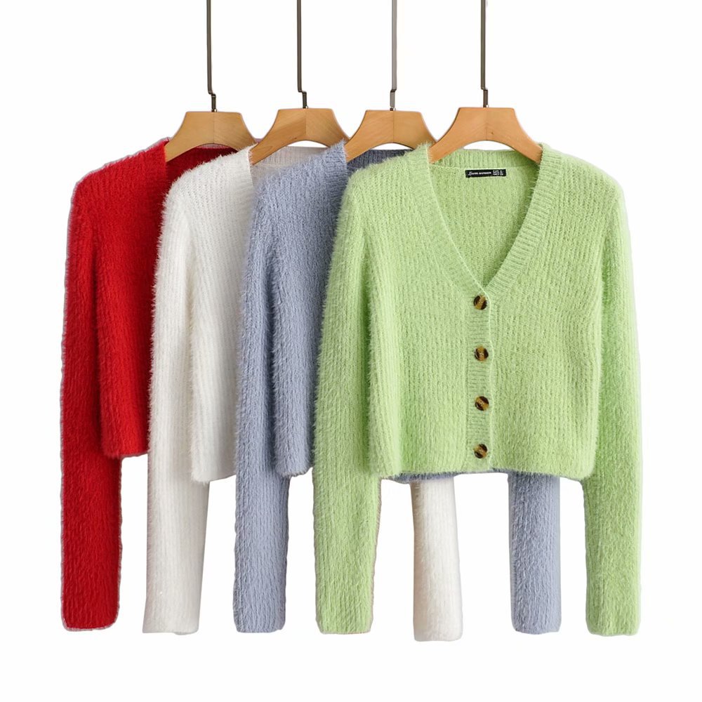 Women's Dress Style Of Mink Short Crop Navel Long Sleeve V-neck Sweater Cardigan