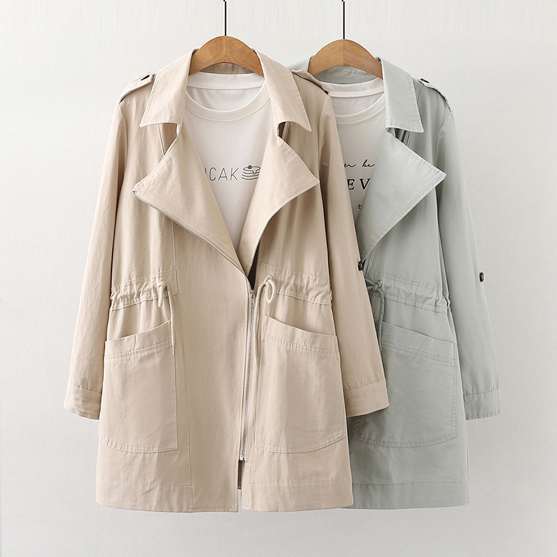  Workwear drawstring trench coat large pocket lapel with sleeves medium length coat