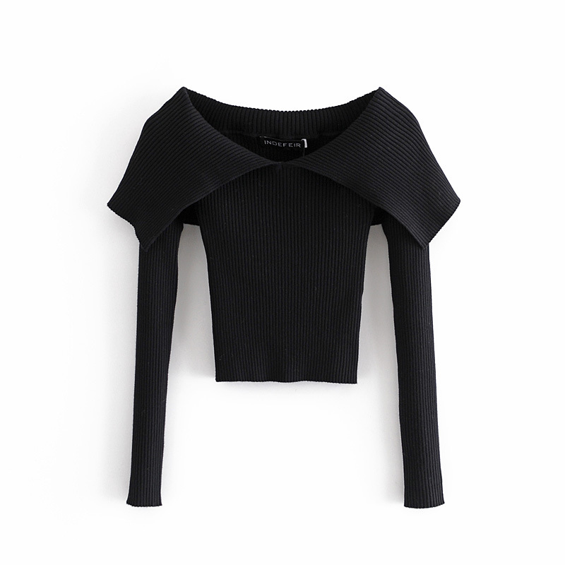 Large Lapel One-collar Women's Tight Knit Top For Autumn