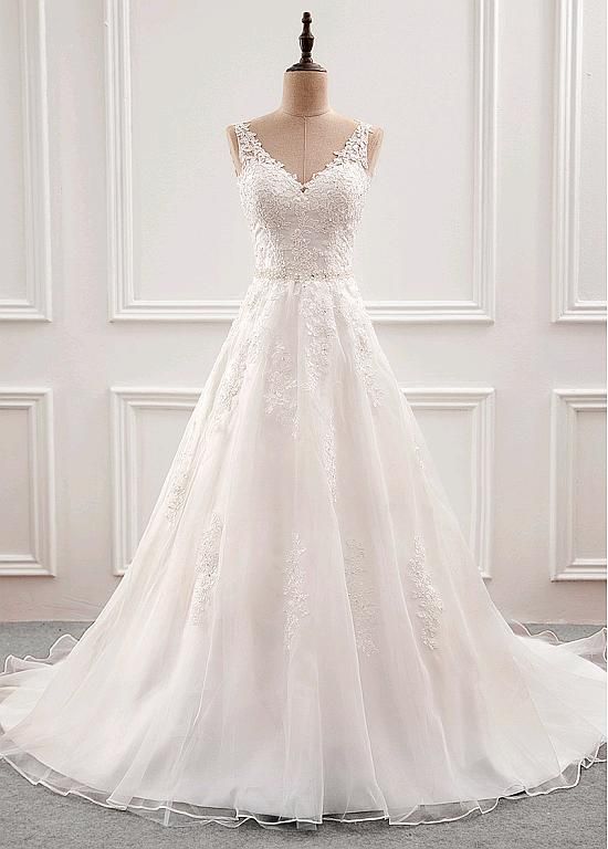 V-neck Wedding Dress White Elegant Bridal Dress Lace Wedding Dress Back Illusion Wedding Dress,custom Made