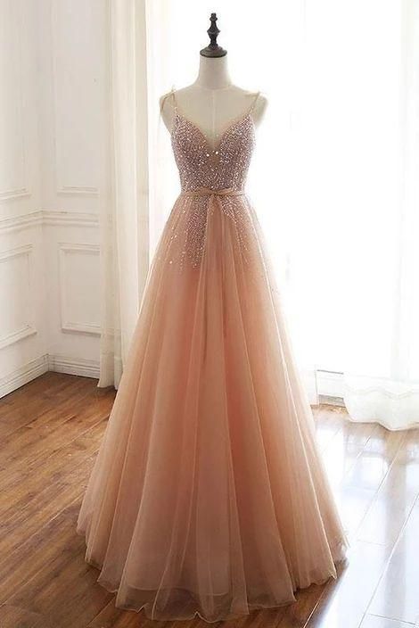 Champagne Party Dress Tulle Beads Sequin Long Prom Dress,spaghetti Straps Evening Dress,custom Made