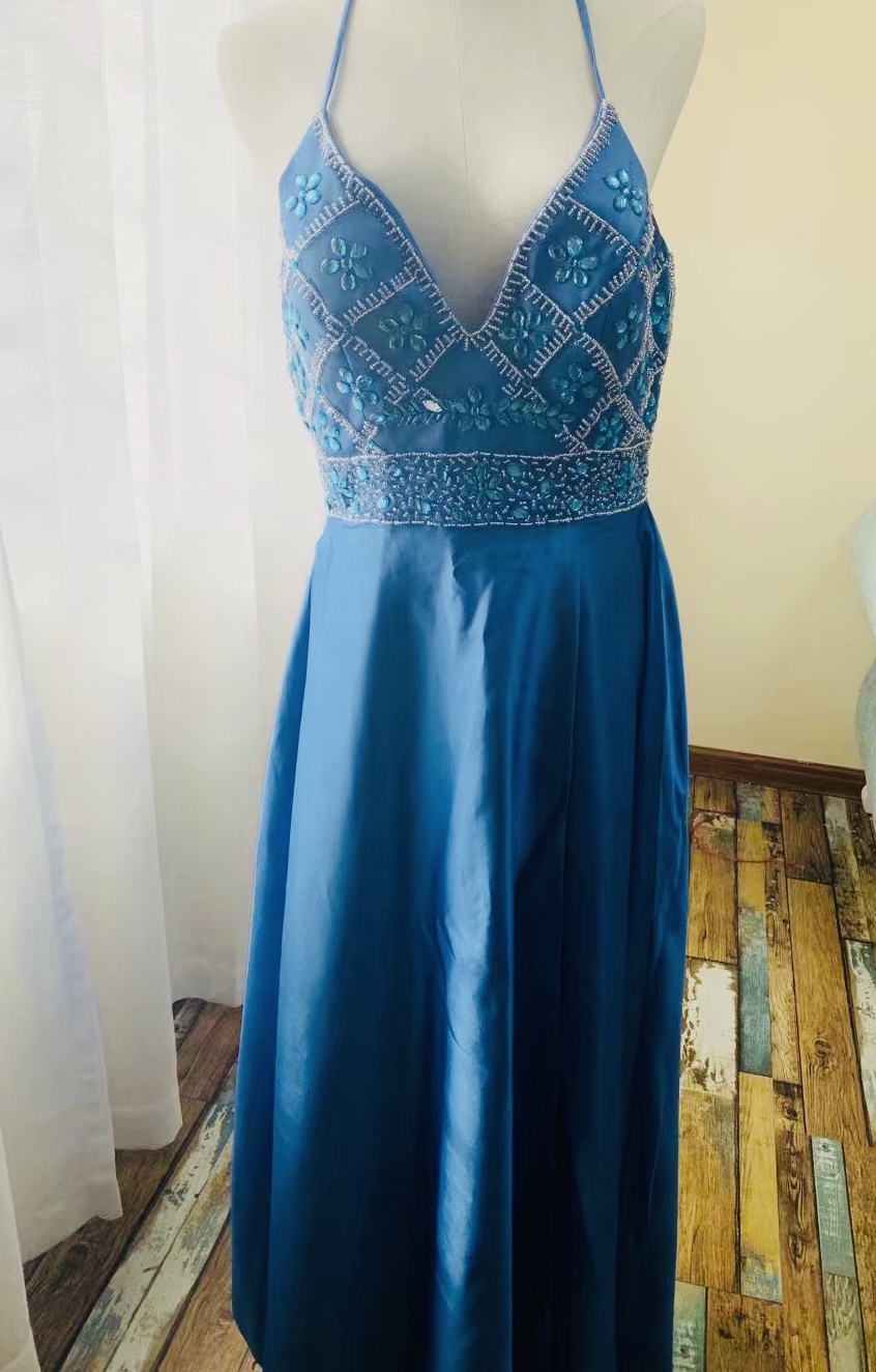 Spaghetti Straps Evening Dress,blue Party Dress,sexy Prom Dress,manual Nail Bead,custom Made