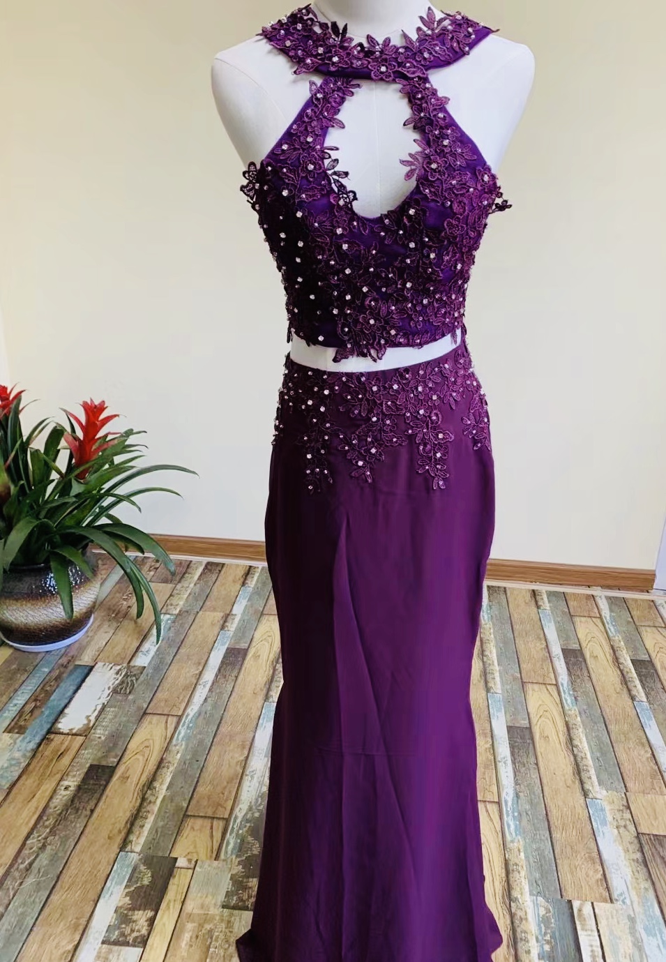 Two Piece Prom Dress ,chiffon Party Dress,graduation Purple Dress,