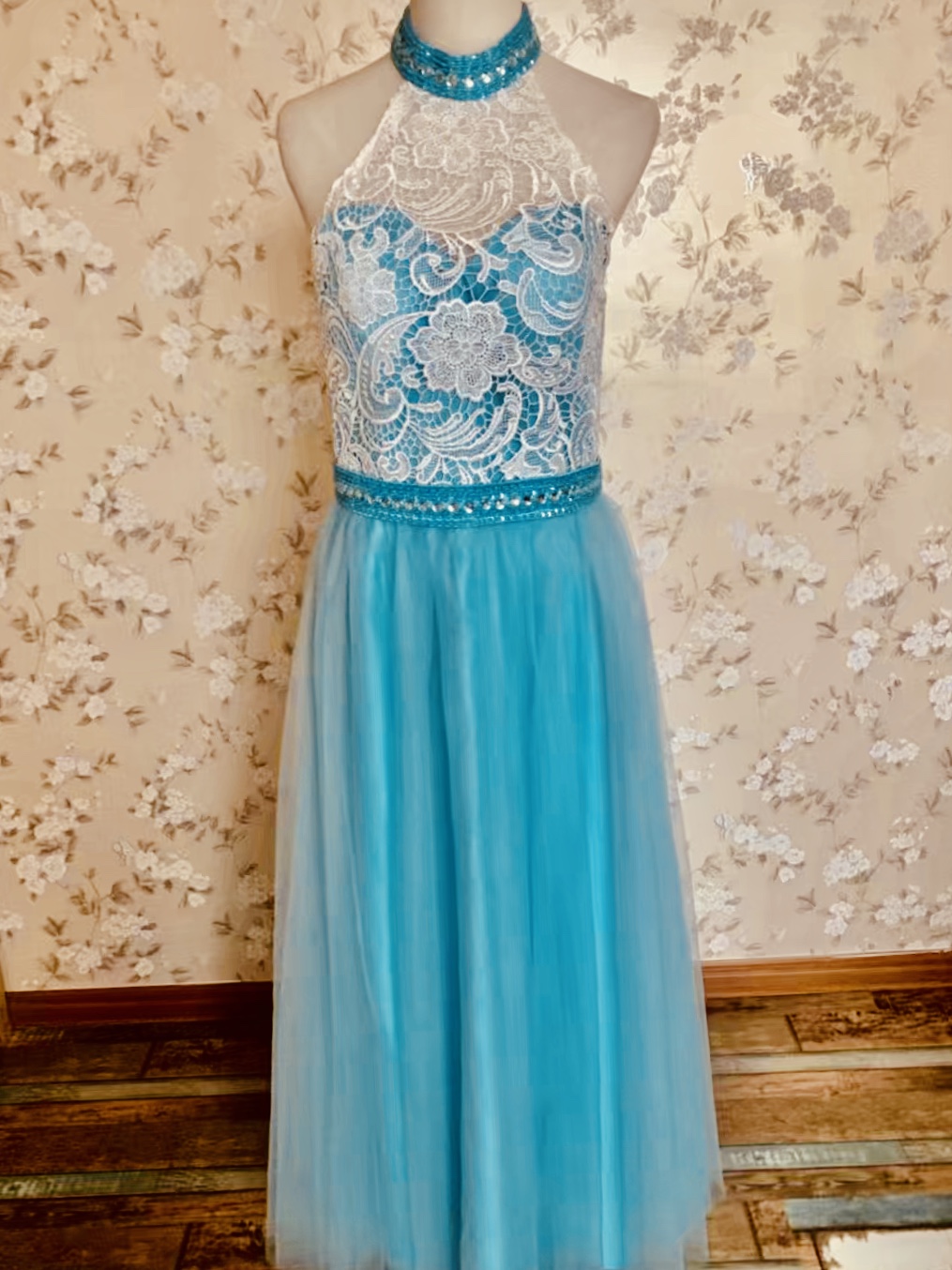 Halter Neck Prom Dress,lace And Tulle Party Dress, Blue Graduation