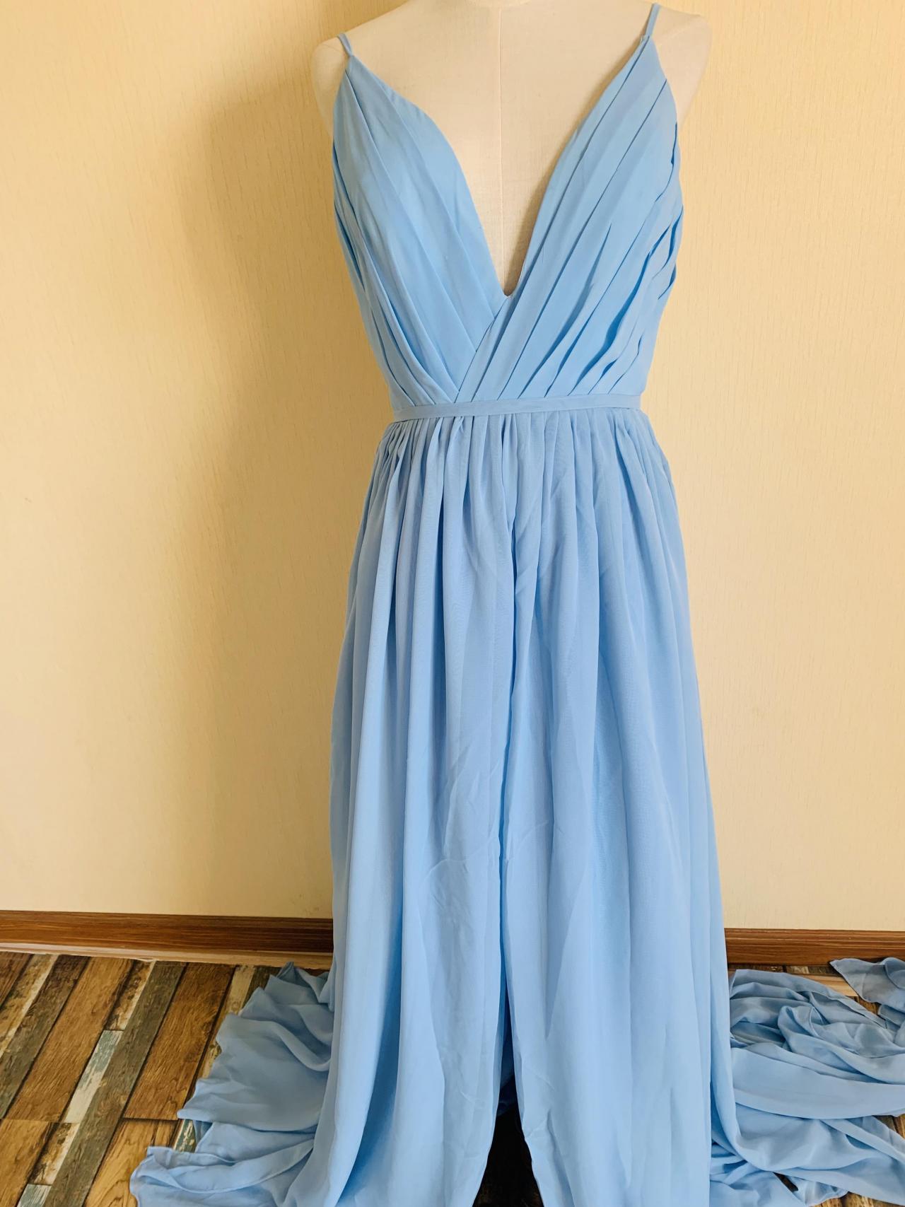 Spaghetti Strap Prom Dress,blue Party Dresss,chiffon Evening Dress