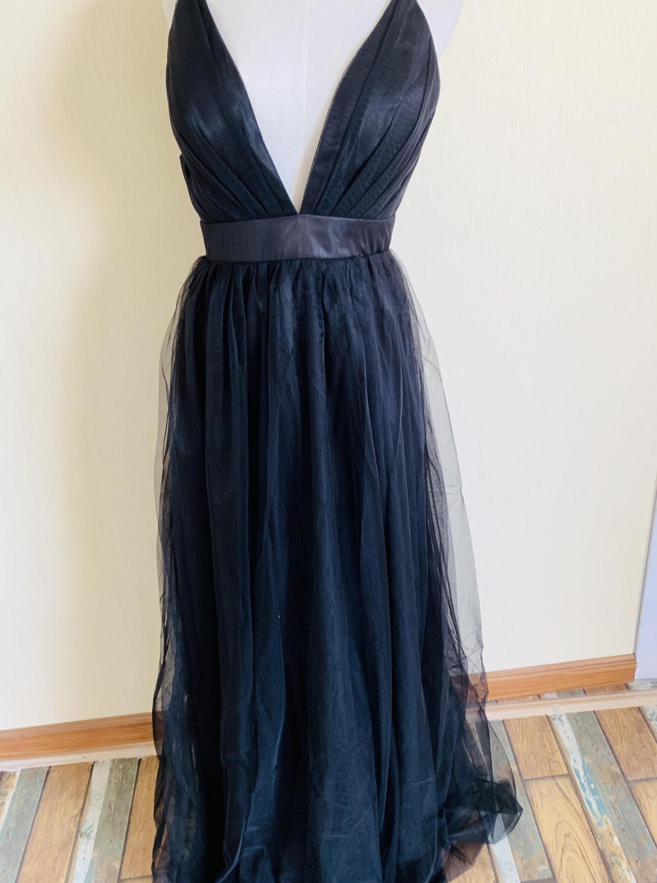 Spaghetti Strap Prom Dress,black Party Dress,sexy Tulle Evening Dress,