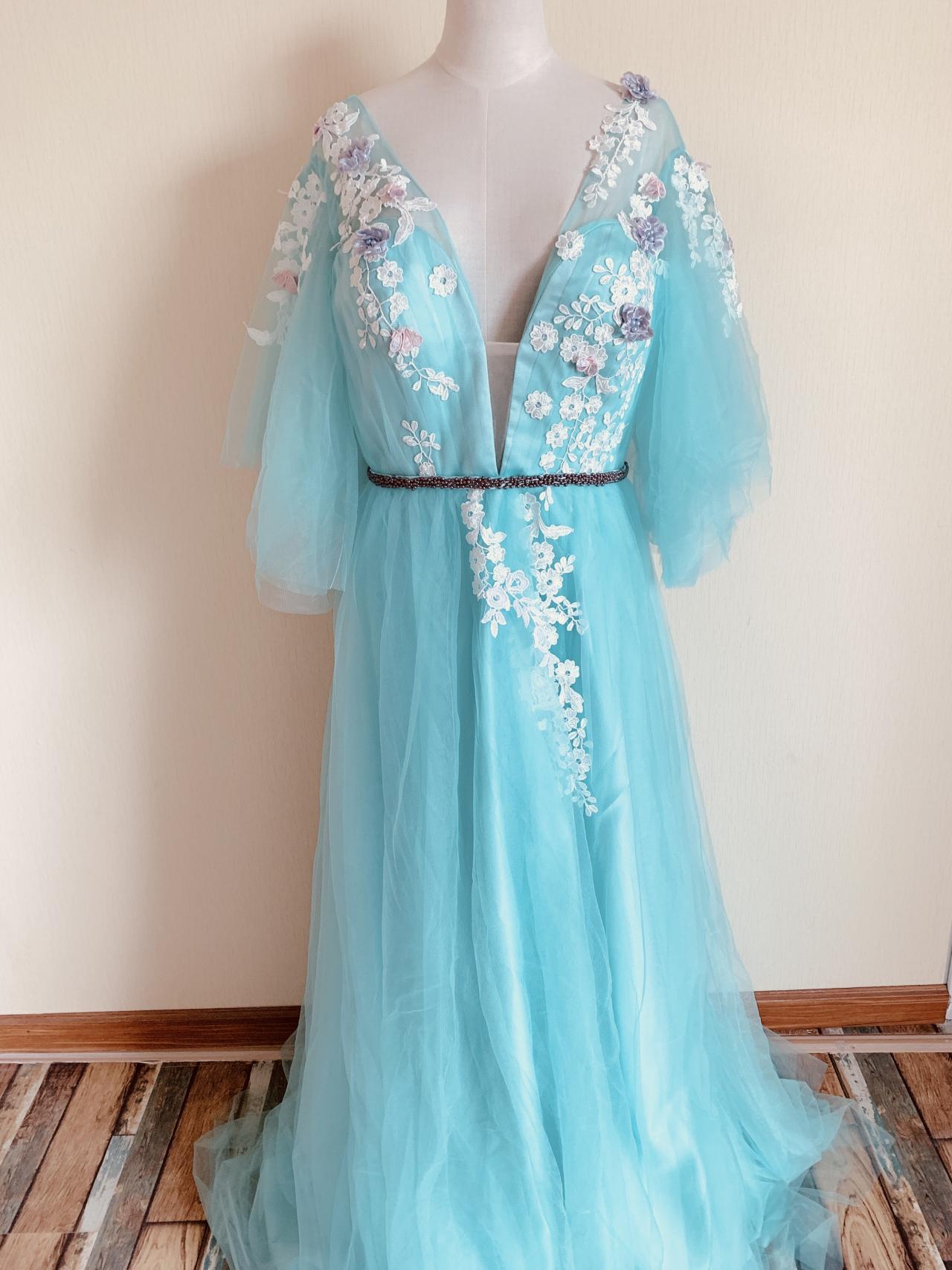 Formal Prom Dress,light Blue Party Dress,fairy Prom Dress With Applique,