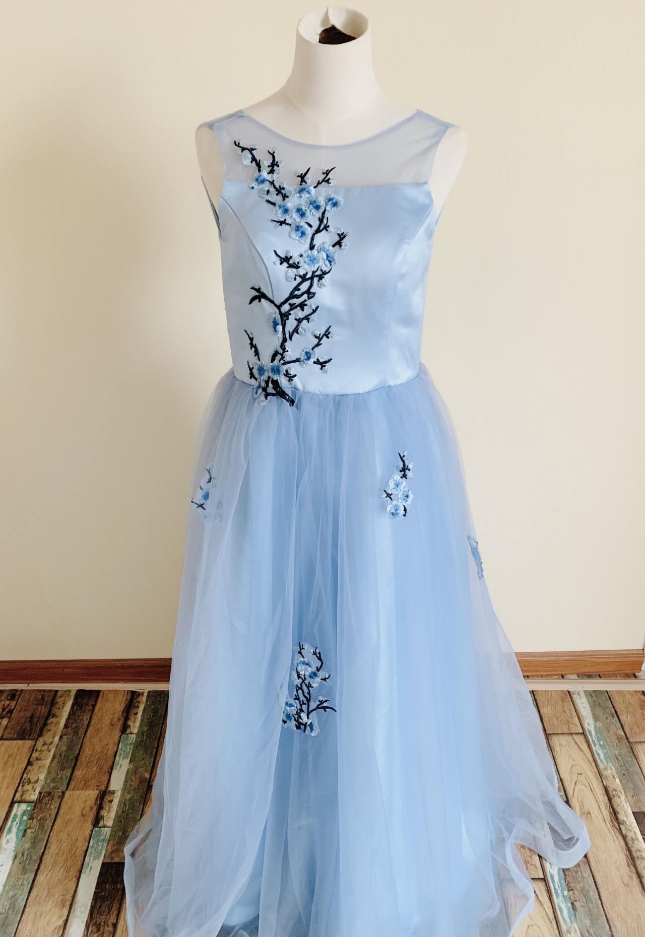 Formal Prom Dress,light Blue Party Dress,sleeveless Prom Dress With Embroidered,