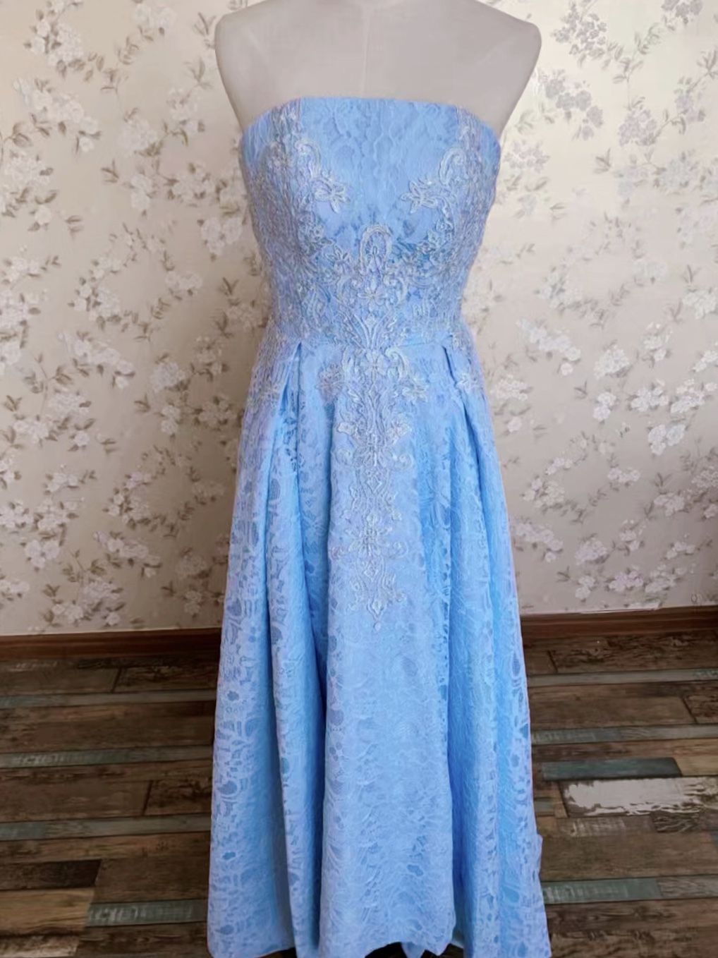 Strapless Prom Dress,lace Party Dress,elegaht Blue Evening Dress