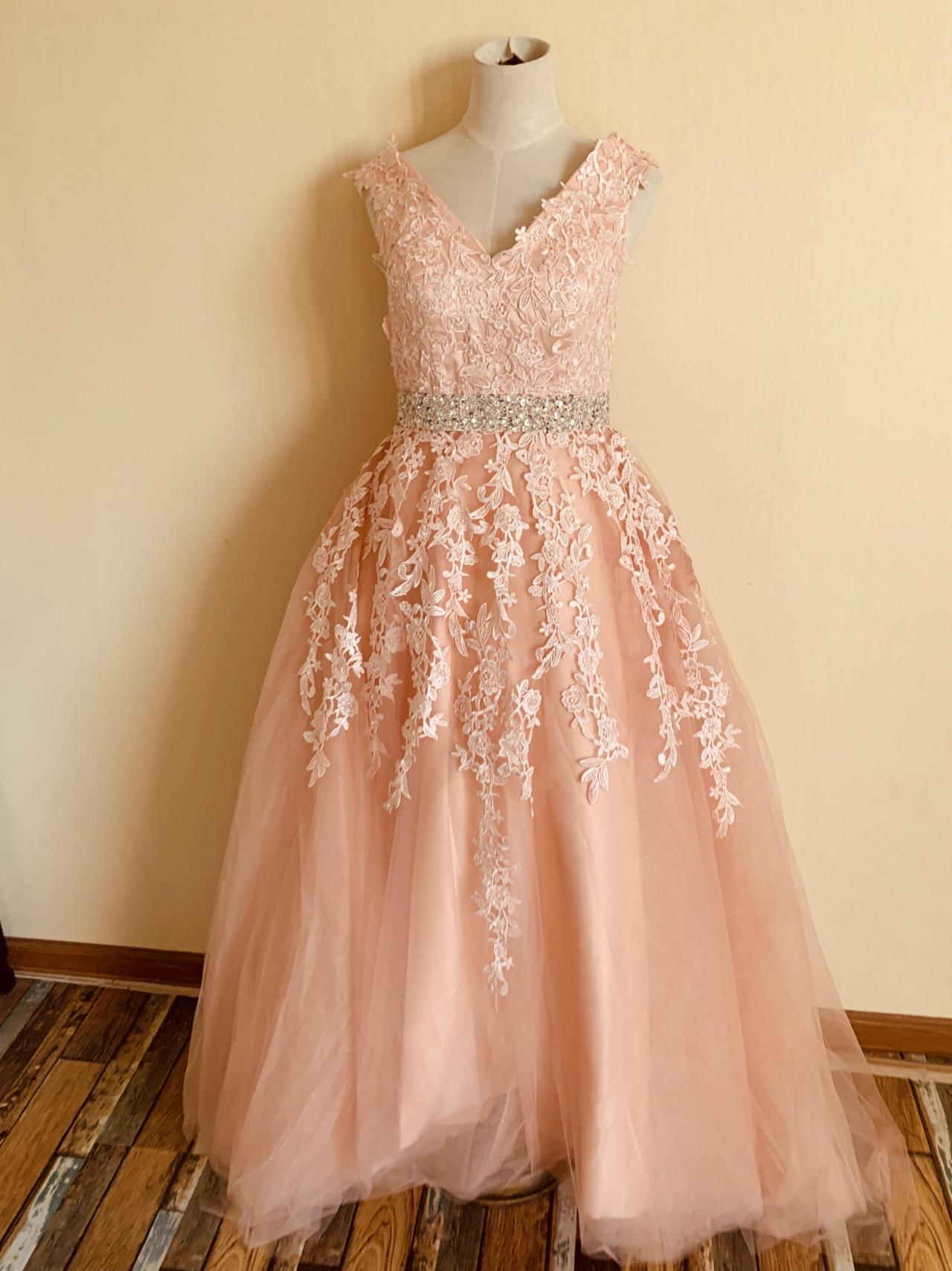 V-neck Prom Dress,lace Party Dress,pink Ball Gown,