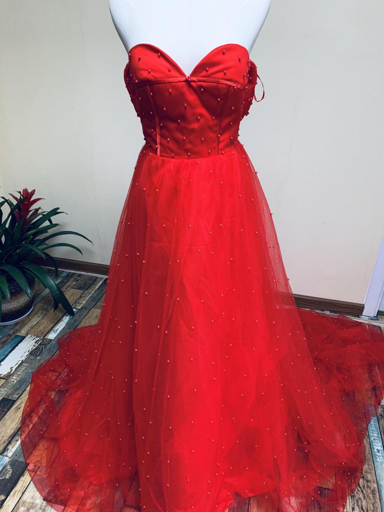 Strapless Prom Dress,red Party Dress,ball Gown Dress With Beads,