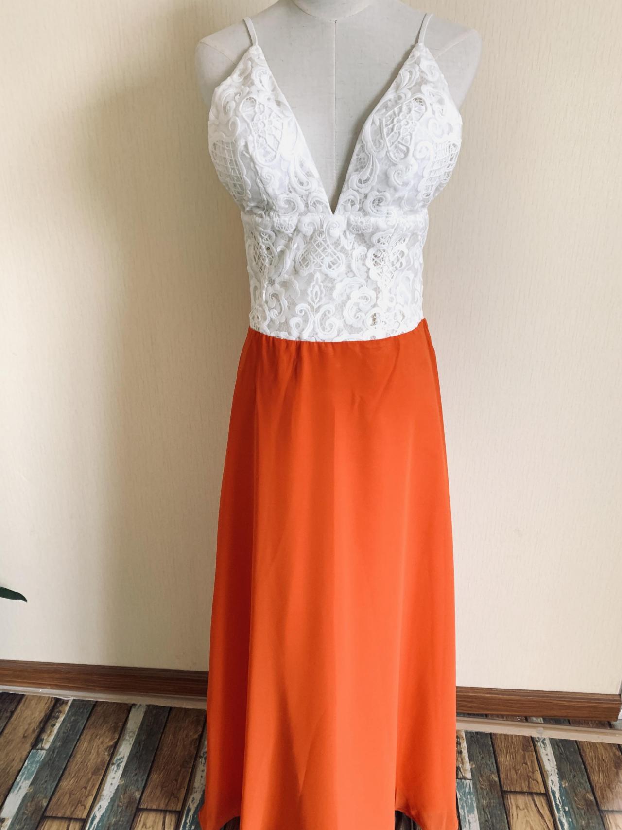 Spaghetti Straps Prom Dress,orange Party Dress,maxi Dress With Lace ,charming ,sexy,