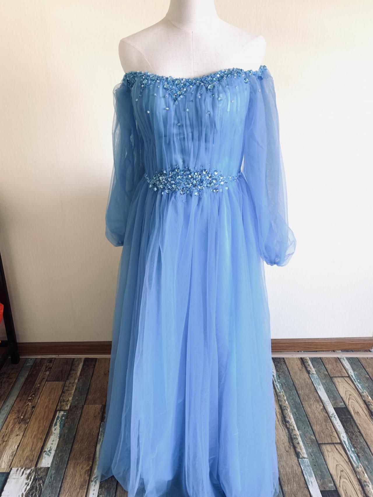 Off Shoulder Prom Dress,sexy Blue Party Dress,charming Evening Dress With Beads,