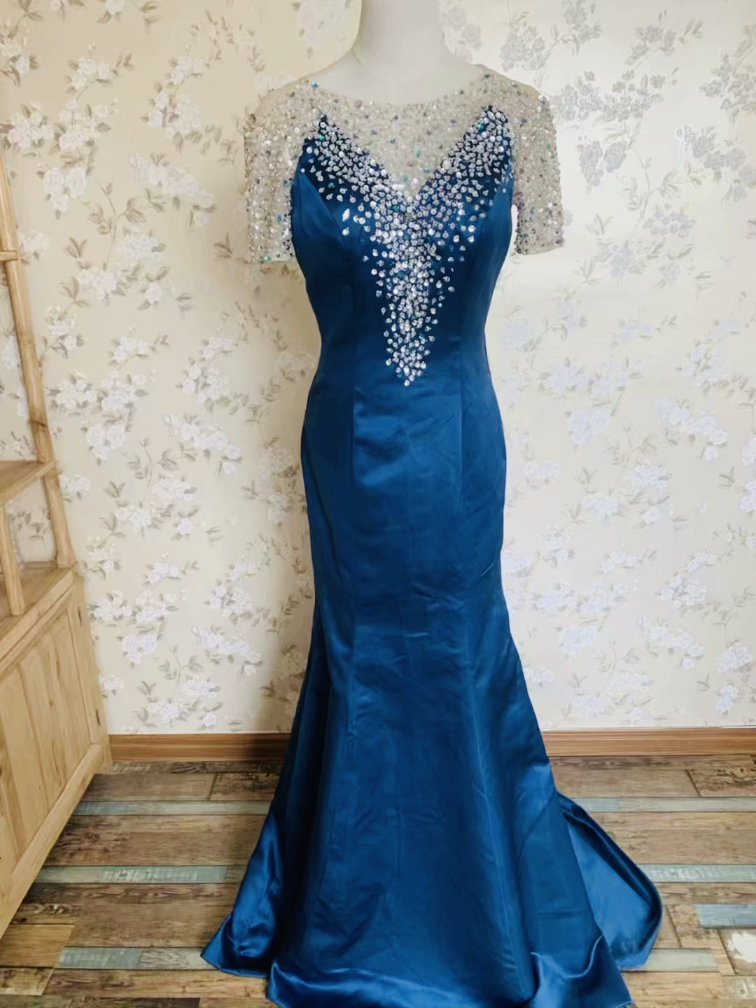 Short sleeve prom dress,royal blue party dress, formal wedding guest dress,Queenie Prom Unique,Custom Made