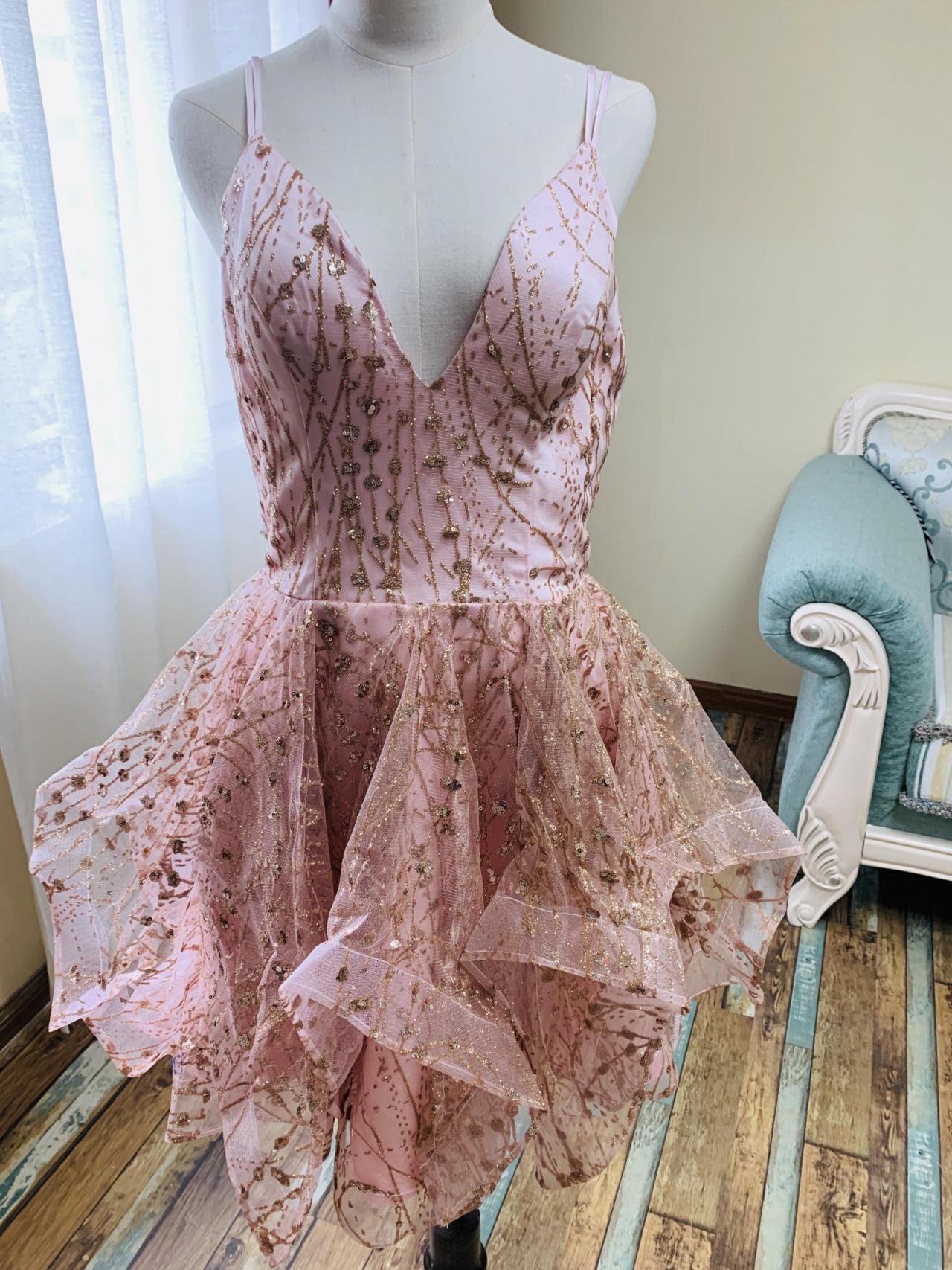 Spaghetti Strap Prom Dress,pink Party Dress,short Homecoming Dress With Sequins,,custom Made