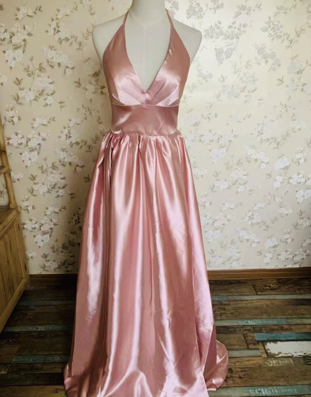 Halter Neck Prom Dress,pink Party Dress,satin Sexy Dress,,custom Made