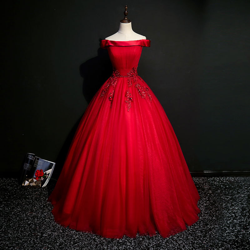 Off shoulder prom dress,red evening dress,tulle ball gown,Custom Made