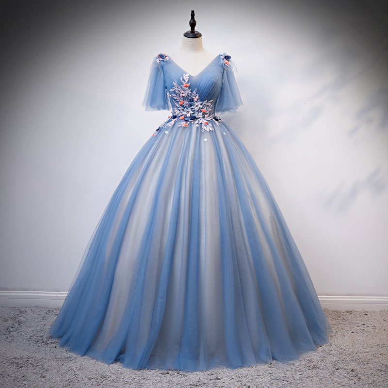 Color Gauze Bouffant Dress, Performance Dress, Blue Party Dress, V-neck Ball Gown,custom Made