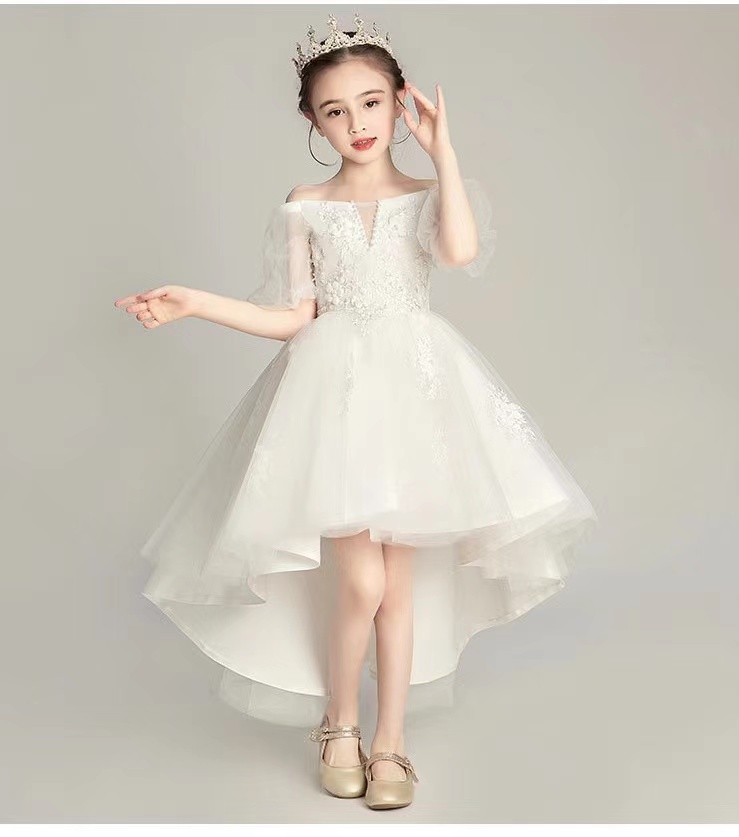 White lace princess dress for children, high low puffy dress for girls' wedding dress