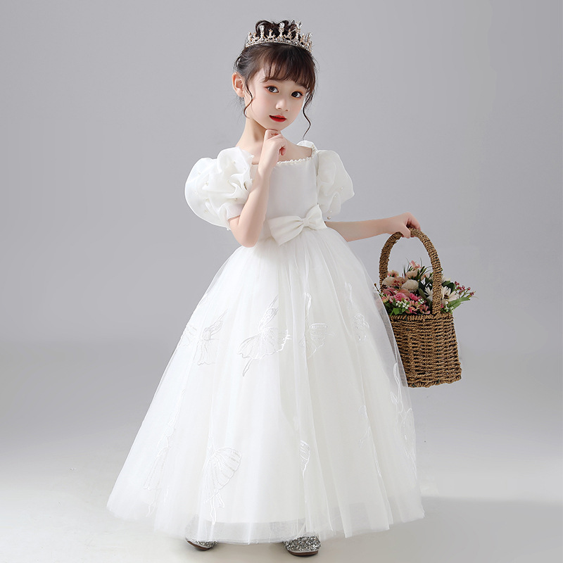 Flower girl dress, wedding dress for children, sweet princess dress for girls, white piano performance dress with fluffy gauze