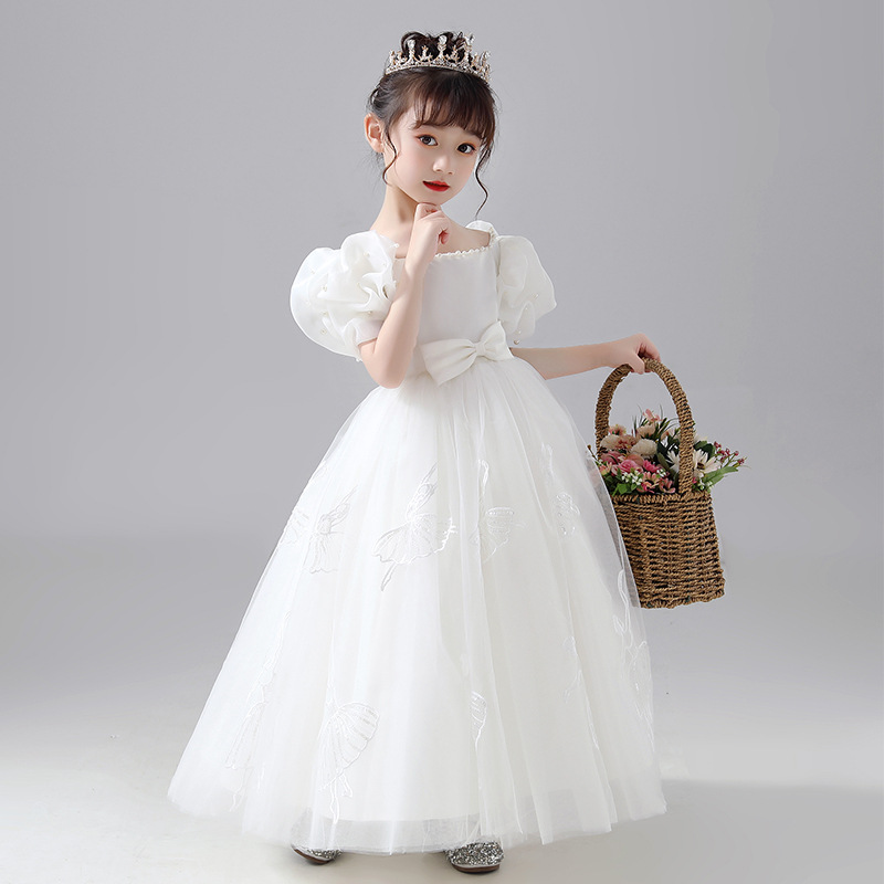 Flower Girl Dress, Wedding Dress For Children, Sweet Princess Dress For Girls, White Piano Performance Dress With Fluffy Gauze