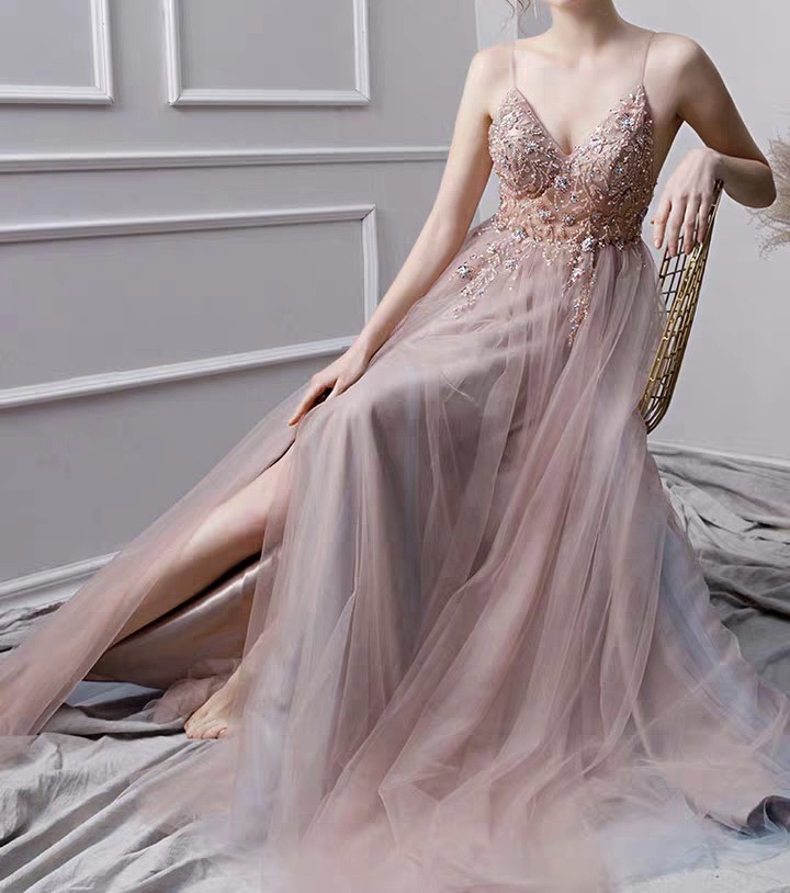Spaghetti Strap Prom Dress,sexy Heavy Beaded Party Dress , Backless Evening Dress, Side Split Long Dress,custom Made