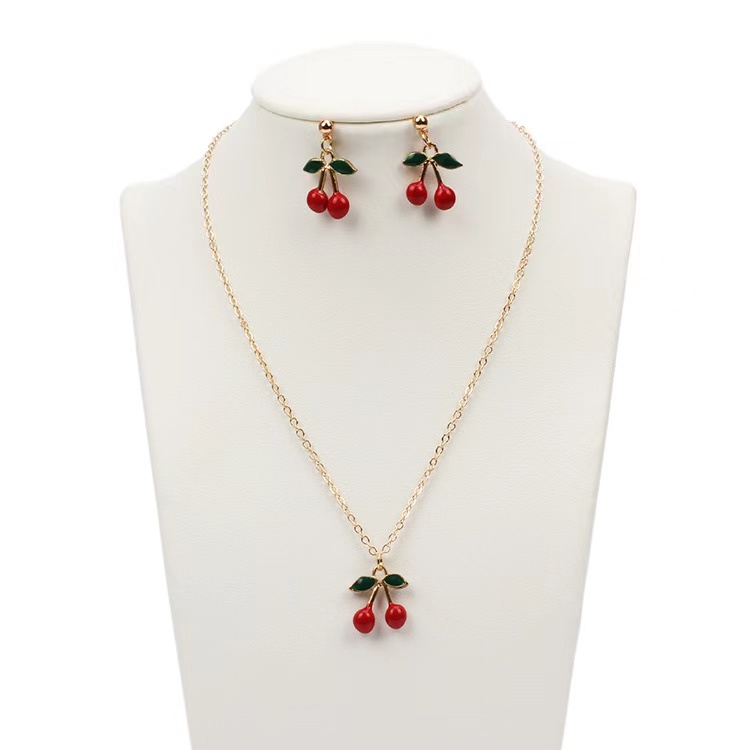 Popular accessories, earring/necklace set, creative style, red cherry necklace combination three set