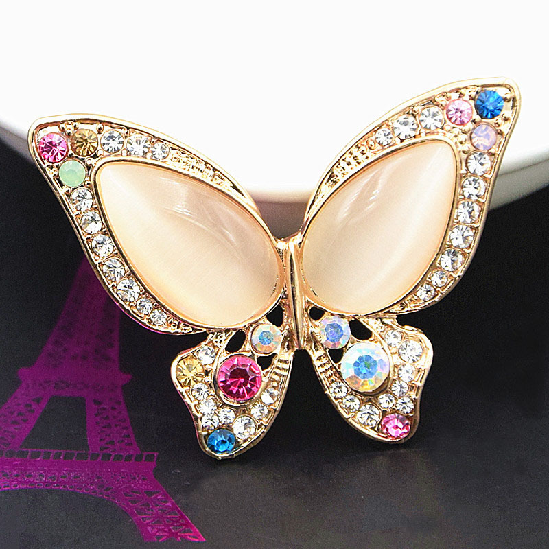 Fashionable, classic color diamond opal butterfly brooch, lovely insect brooch collar