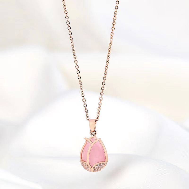 Sweet, Pink Tulip Pendant Necklace , 18k Stainless Steel Collarbone Chain