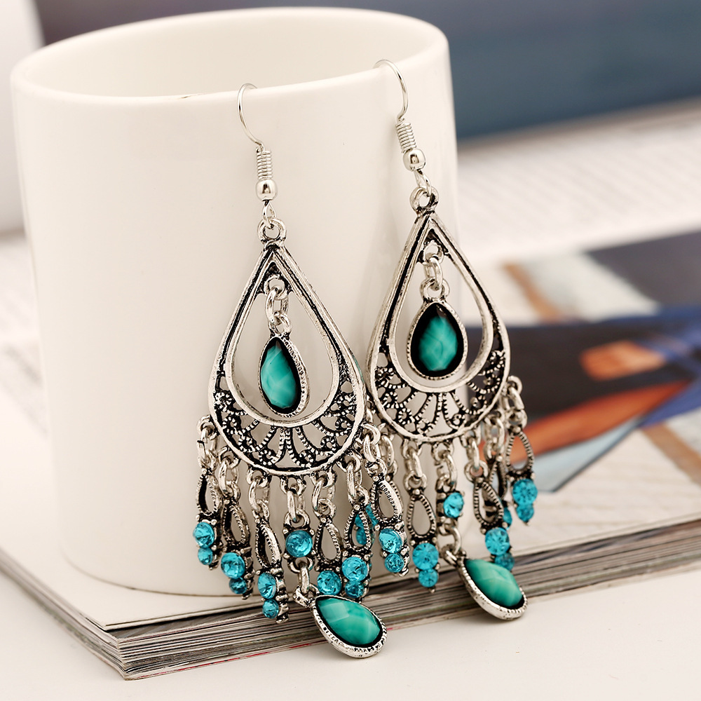 Bohemian fashion, vintage drop alloy earrings, carved turquoise, geometric fringe ethnic style earrings