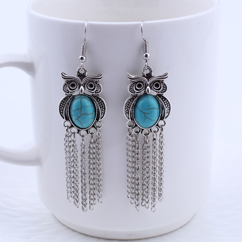 Manufacturer wholesale, vintage, fashion, owl turquoise earrings, women chain tassel earrings