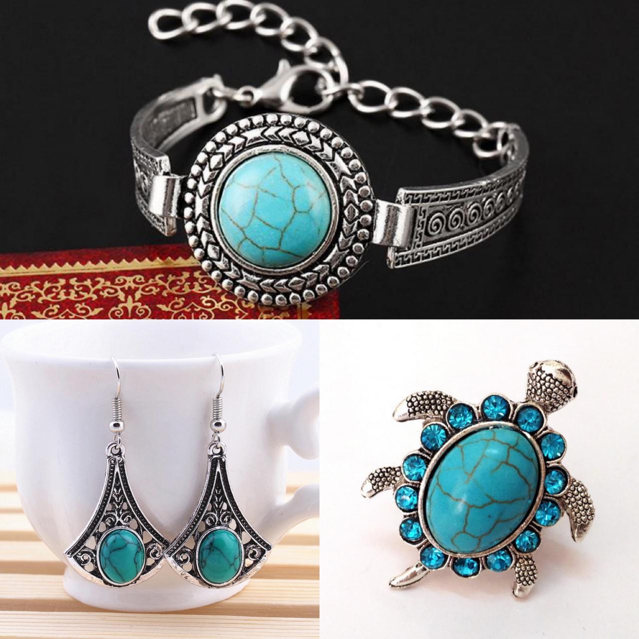 Vintage, Ethnic Style Jewelry, Turquoise Earrings + Ring + Bracelet Set, , Manufacturers Direct