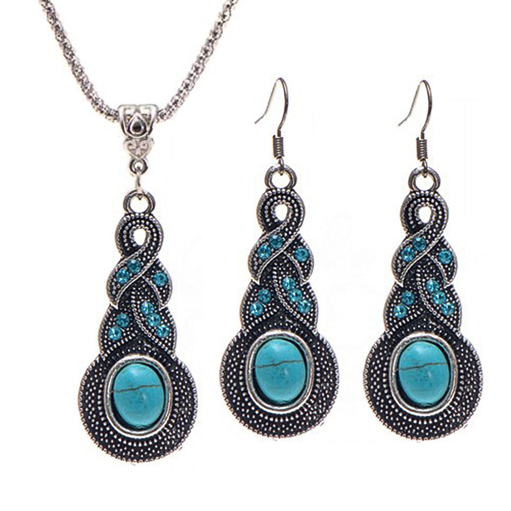 Fashion pattern, blue crystal set with turquoise, gourd pendant necklace + earring set,classic