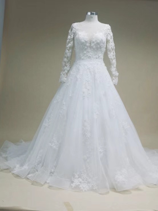 Handmade,long Sleeve Wedding Dress,white Bridal Dress With Train,custom Made
