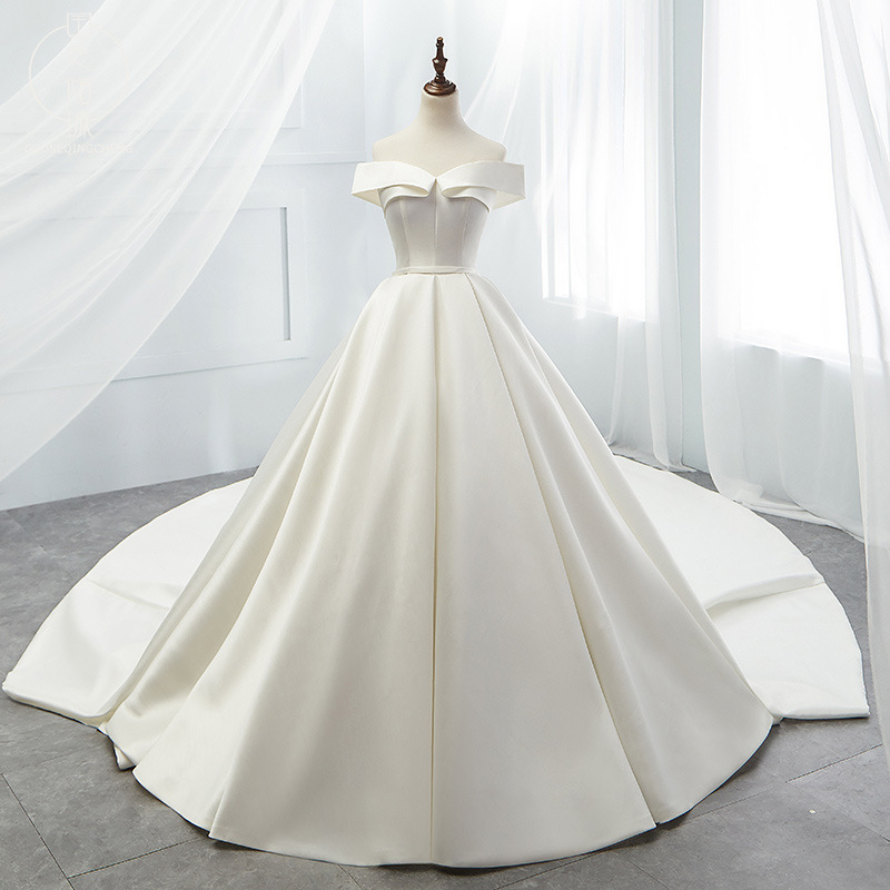 Off Wedding Dress, Bouffant Princess Wedding Dress, Simple Trailing Satin Wedding Dress,custom Made