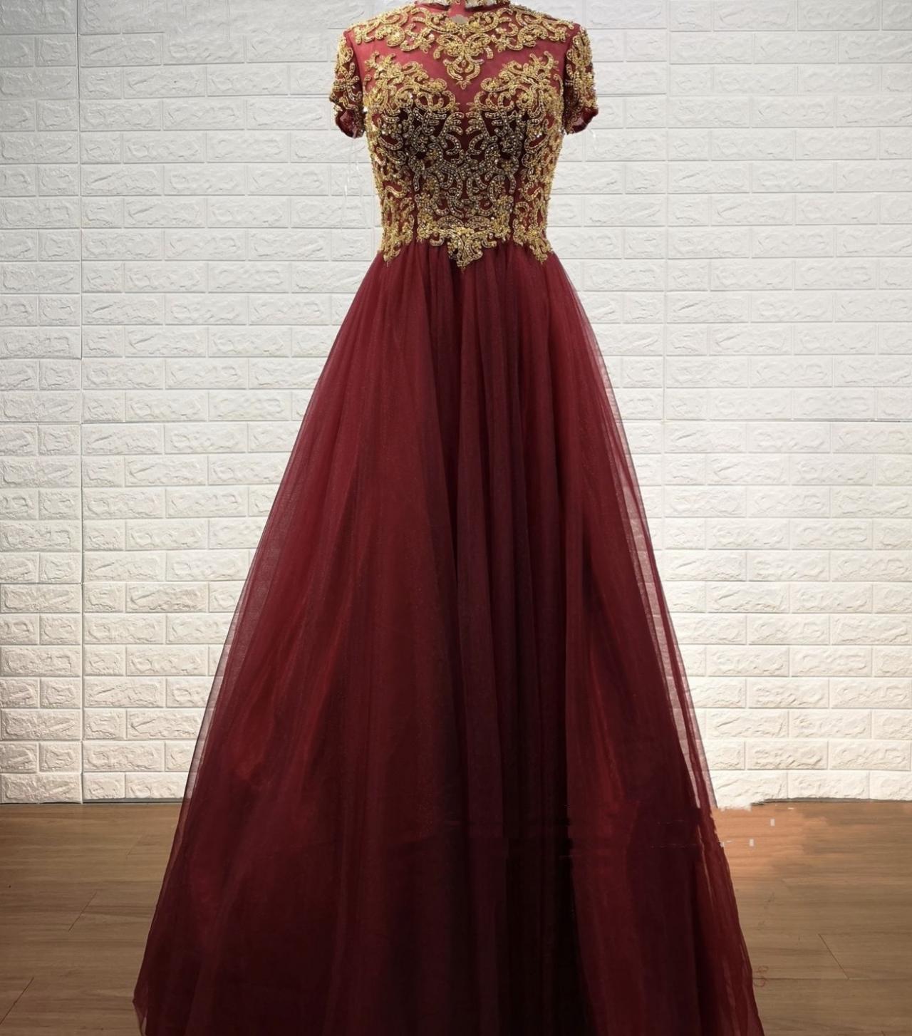 Red Hand Beaded High Quality Prom Dress, High Neck Evening Dress, Backless Prom Dress,custom Made