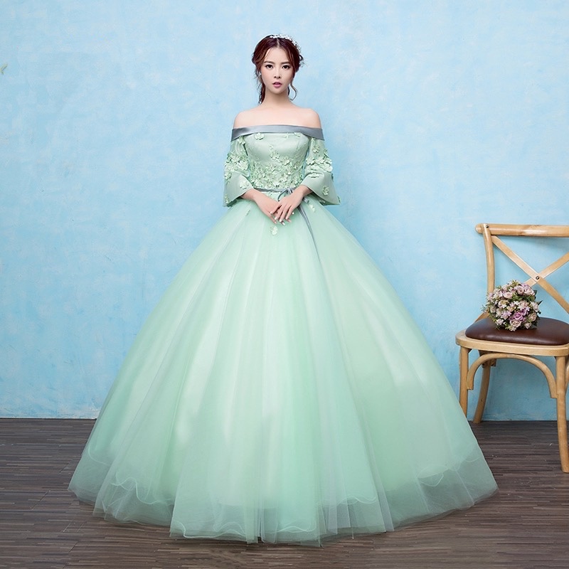 Aesthetic Color Gauze Dress,off Shoulder Ball Gown , Green Party Dress,custom Made