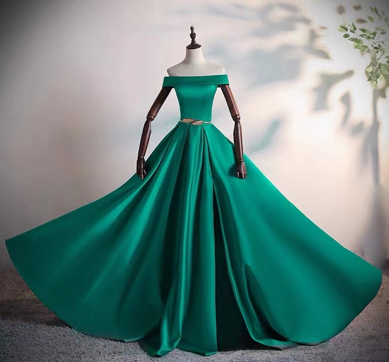 Off Shoulder Evening Dress,satin Prom Dress,green Party Dress,custom Made