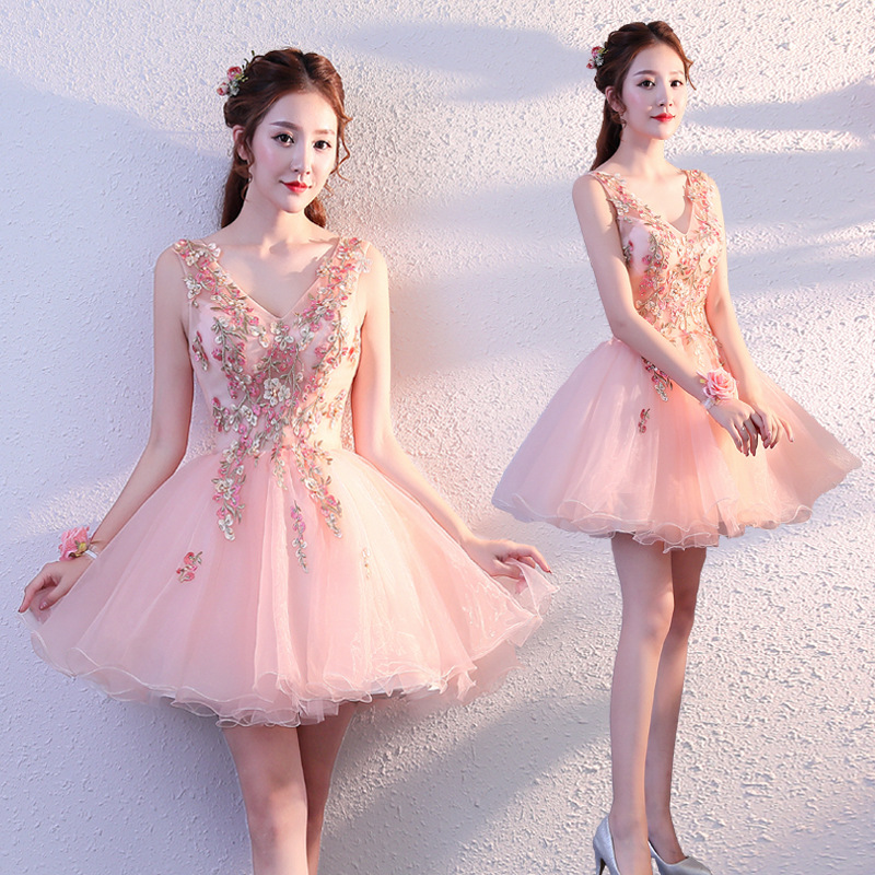Handmade Floral ,pink Homecoming Dress, V-neck Party Dress,custom Made