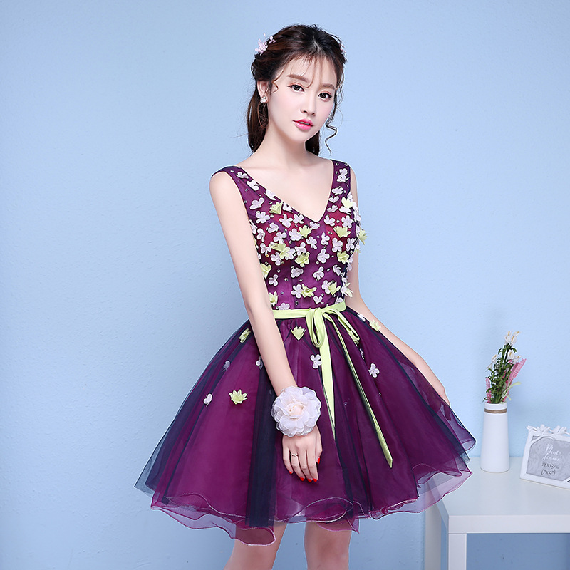 Handmade Floral ,grape Purple Homecoming Dress, V-neck Party Dress,custom Made