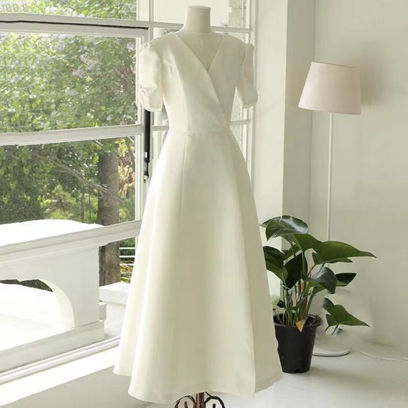 V-neck Wedding Dress,white Satin Bridal Dress,custom Made