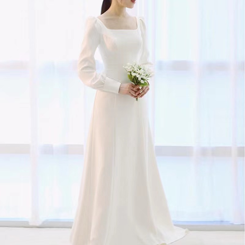 Long Sleeve Wedding Dress, Simple Bridal Dress,satin Wedding Dress,custom Made