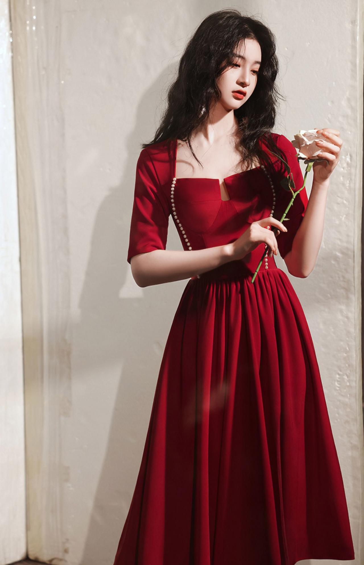 Red Midi Dress,long Sleeve Red Dress,vintage Dress,custom Made