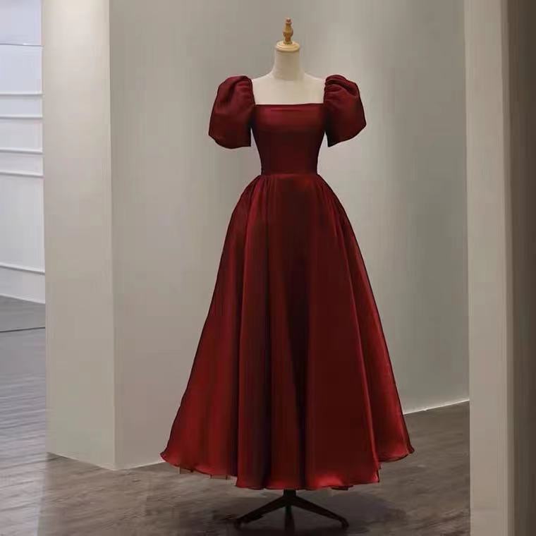 Red Party Dress,puff Sleeve Evening Dress,satin Long Prom Dress,backless Floor Length Dress,custom Made