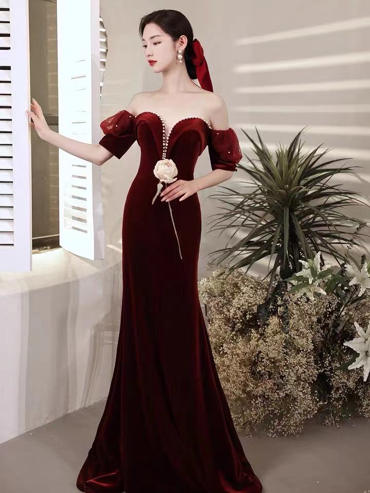 Wine Red Party Dress,off Shoulder Evening Dress,velvet Mermaid Long Prom Dress,backless Sexy Formal Dress,custom Made